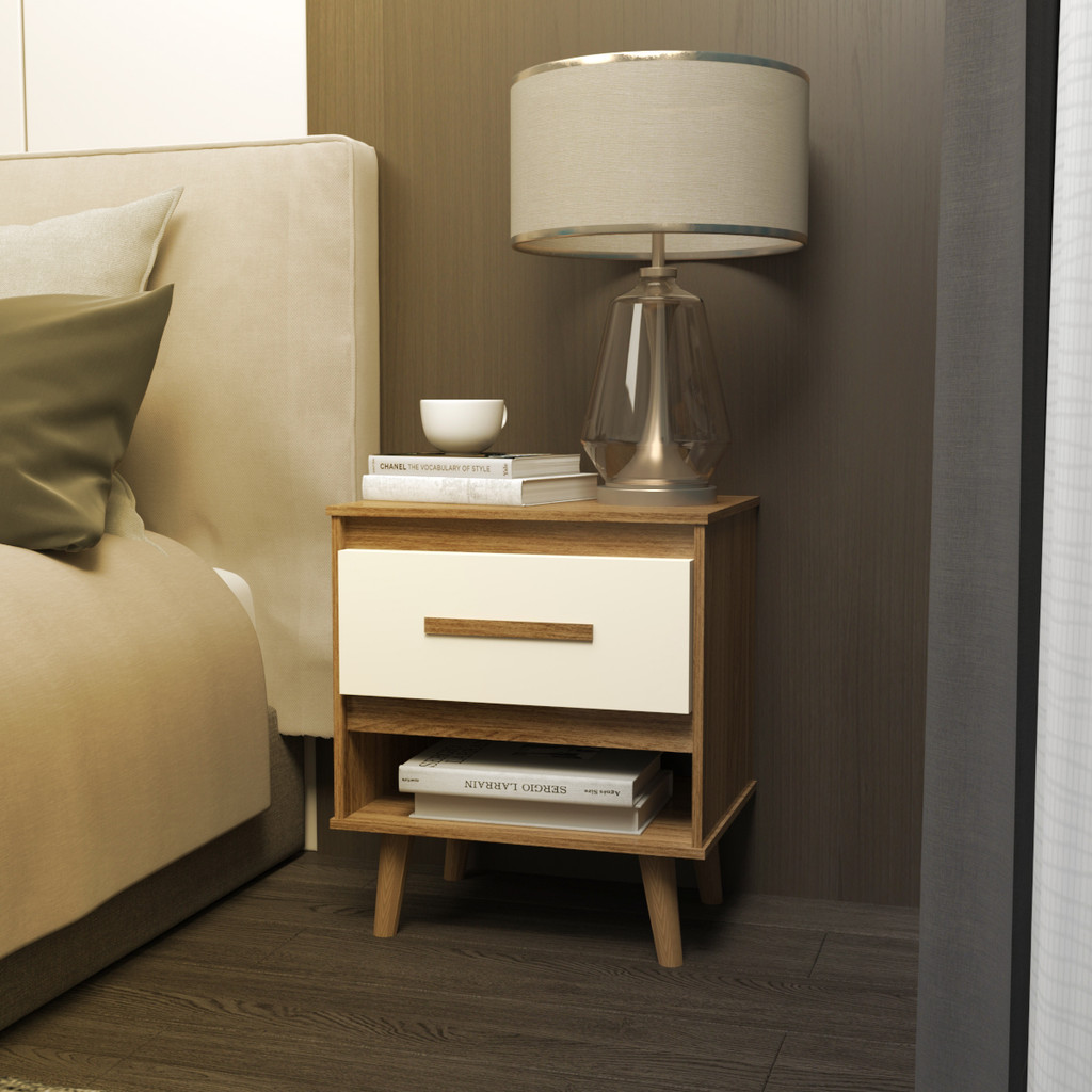 Mesa de Cabeceira 1 Gaveta com Nicho e Pés Retro Estilo Moderno para Quarto Savana Mobília Decor