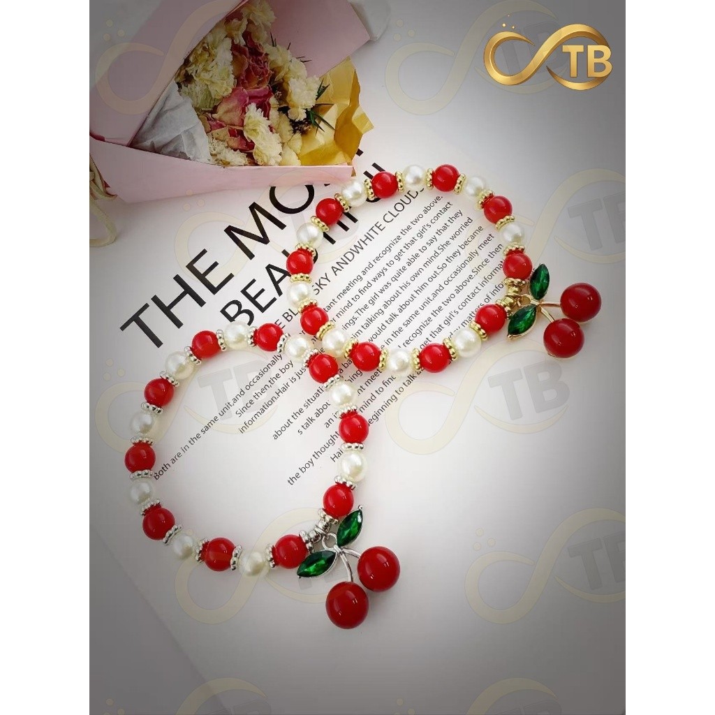 TB Acessórios Colar Moda Pulseira Pérolas Beads Vermelhos com Laço Elegância Romântica Ouro e prata