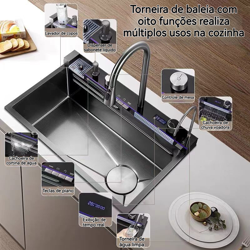 Kit Cuba Pia de Cozinha Dupla Gourmet Aço Inox com acessórios75x45cm Mostra a temperatura+ Torneira Gourmet Monocomando em Oferta na Shopee