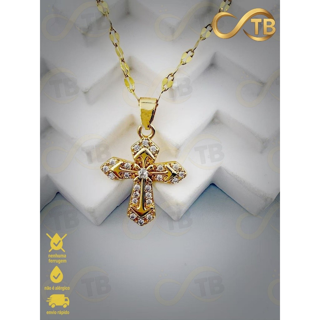 TB Moda Colar Cruz Folheado Ouro 18K Prata Zircônias Pingente Feminino Luxuoso Presente Religioso em Oferta na Shopee