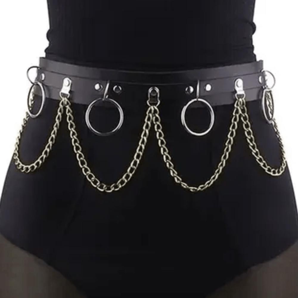 Cinto Argola e Corrente Couro Sintético Harness K-POP Punk Gótico Moda