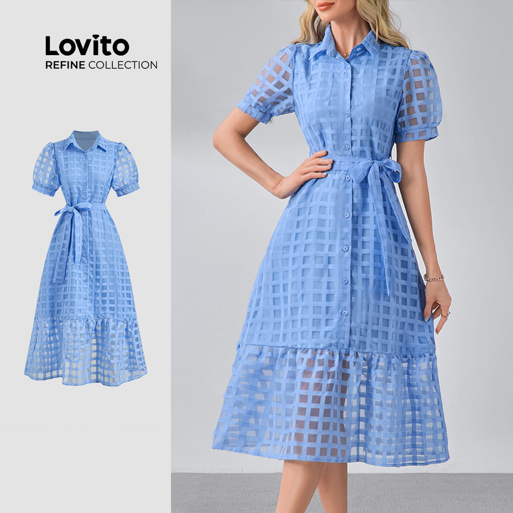 (Lovito Refine) Vestido Elegante de Botões com Cinto para Primavera/verão  Azul  para mulheres LR13L065 em Oferta na Shopee