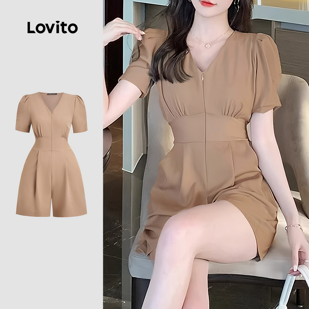 Lovito Macacão Elegante com Zíper  Murmurado Na Primavera/verão  Cor Cáqui para Mulheres L143ED340 em Oferta na Shopee