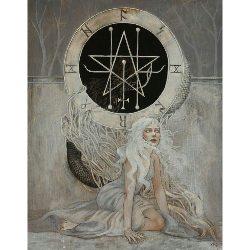 QUADRO DECORATIVO PLACA MDF-PONTO DO ASTAROTH NA PAREDE DE UMA MULHER NA CAMA