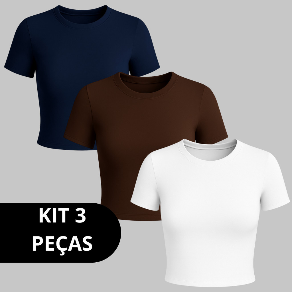 Kit 3 Baby Tee Feminina – Blusa Slim Fit Manga Curta Suplex Look Academia