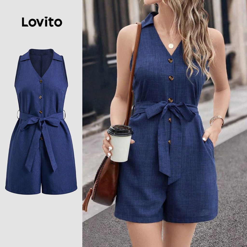 (New) Lovito Macacão Boho com Botões Primavera/verão Azul para mulheres L149ED271 em Oferta na Shopee