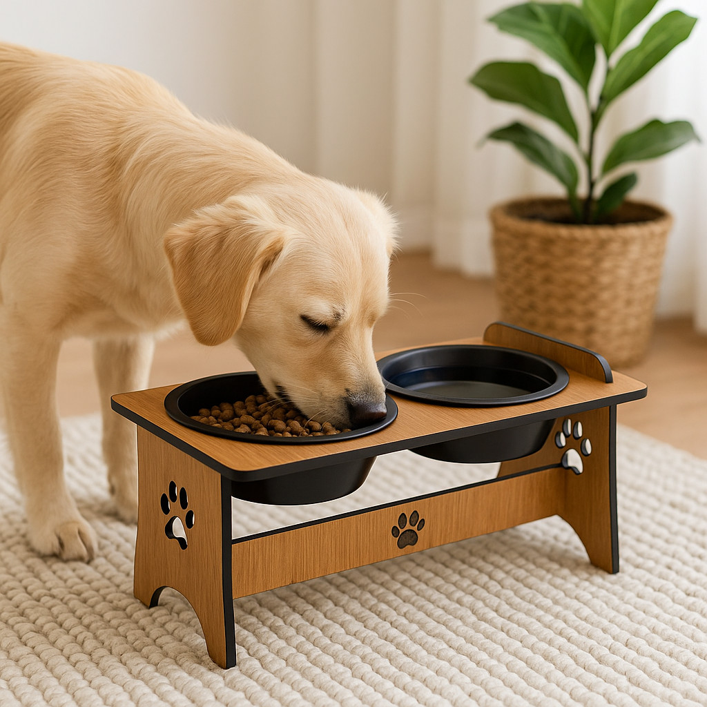 Comedouro Duplo Elevado Sustentável Mdf Cães e Gatos