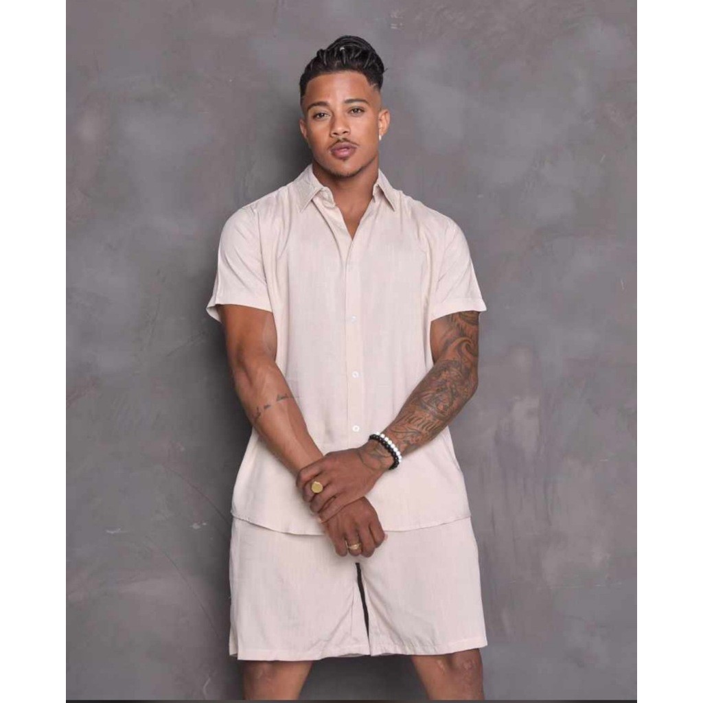 Conjunto Camisa e Short Florido Havaiano Estampado Listrado Adulto Masculino Tecido de Viscose — imagem 2 de 2