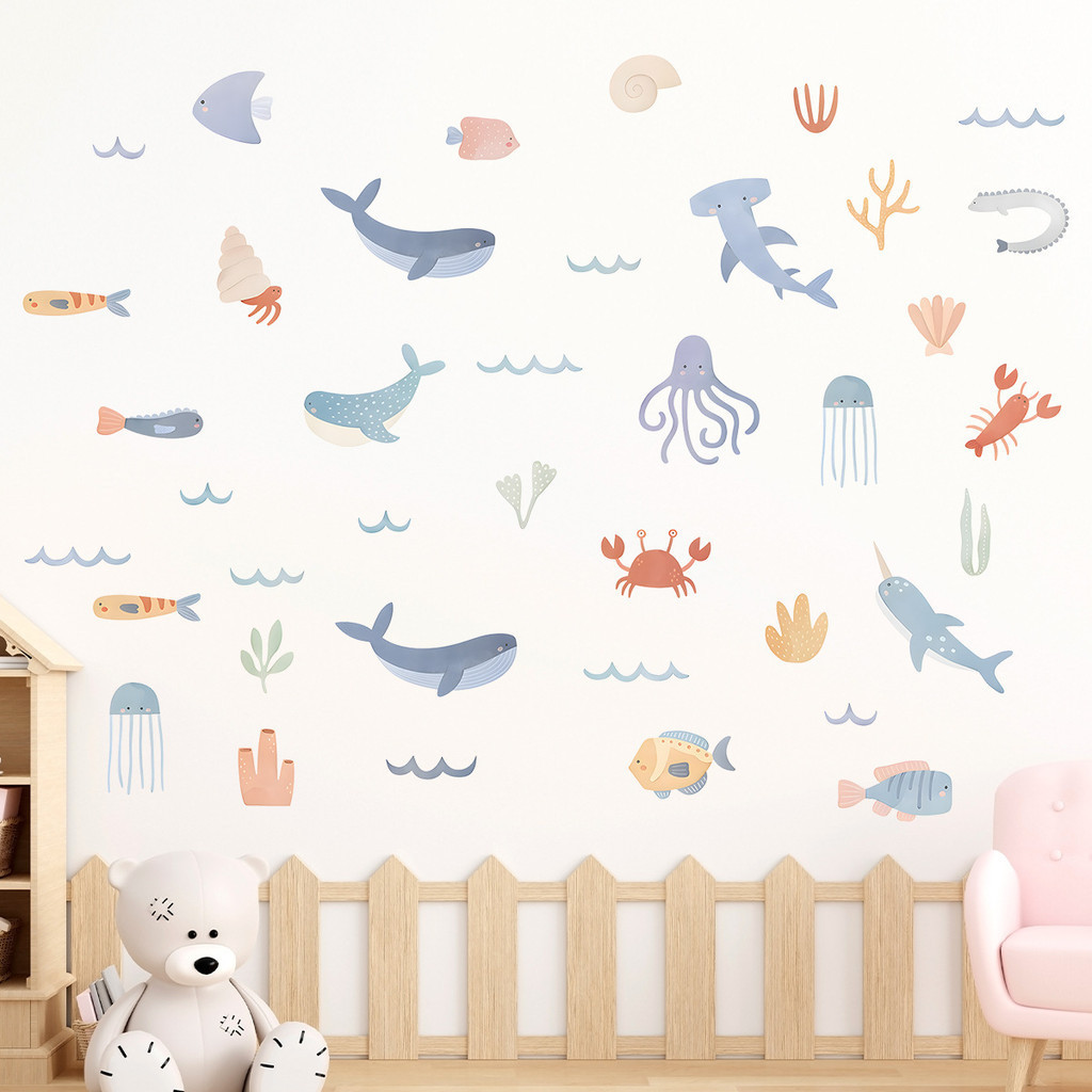 Adesivos de Parede, Autocolantes de Parede Autocolantes de Vida Marinha, Autocolantes de Parede ins Cartoon Cute Children's Room Kindergarten Decoration Stickers