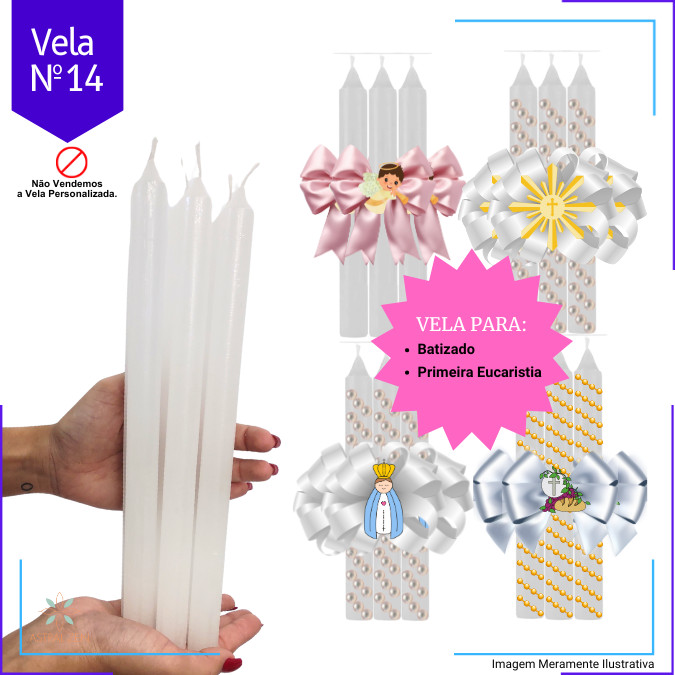 Vela Branca Para Batismo Primeira Eucaristia Comunhão Parafina Pura Nº14 Vela (28 x 2 cm.) 12 horas