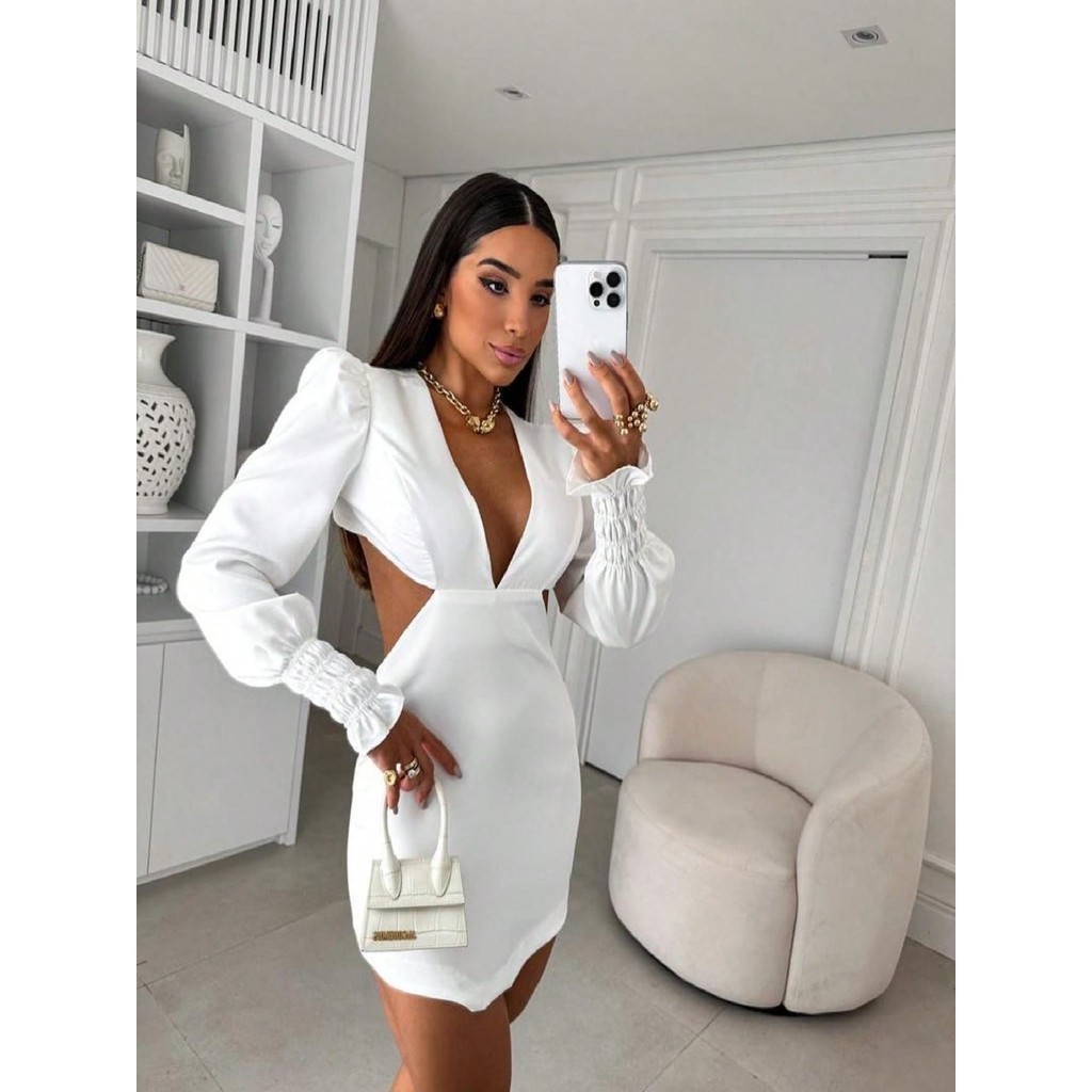 Vestido feminino NOVO manga longa babado decote em v frontal abertura lateral tecido alfaiataria confortável elegante