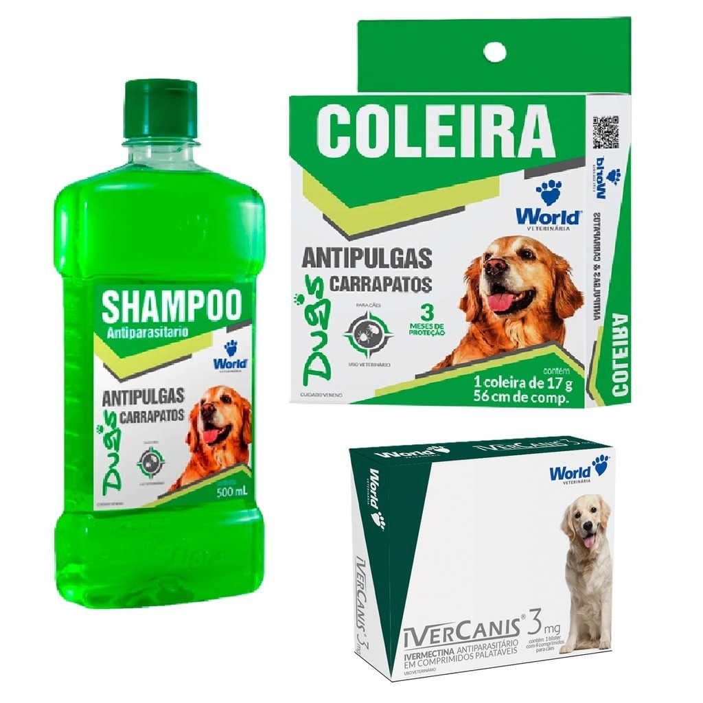 Kit Coleira Anti pulga e Carrapato + Shampoo + Ivercanis 3 mg World - Pets