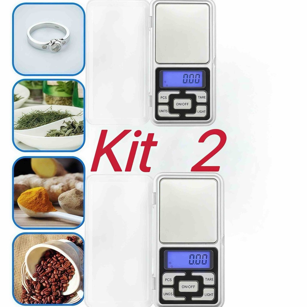 Kit 2 Mini balança digital de precisão de 0.1 a 500gr para joias ouro farmácia e outros 