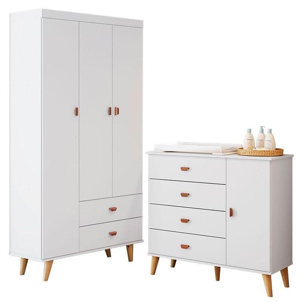 Cômoda Infantil Com Guarda Roupa 3 Portas Duda Branco Acetinado Bétula - Carolina - Home & Living