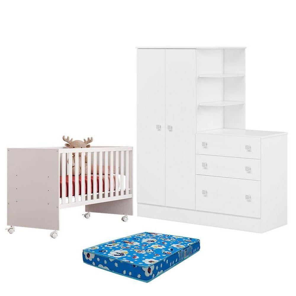 Berço Nacional 3540 E Guarda Roupa Com Cômoda 4070 Doce Sonho Branco Brilho E Colchão Ortobom em Oferta na Shopee