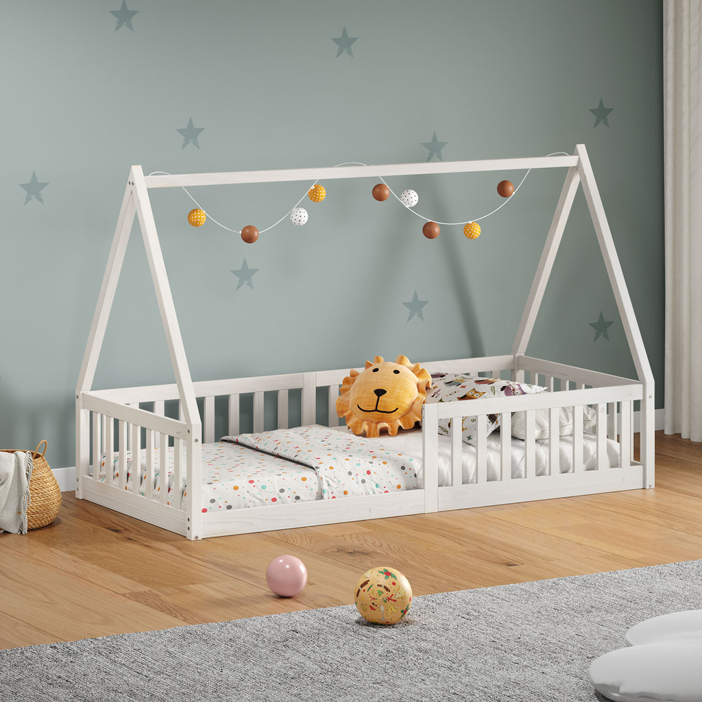 Cama Infantil Madeira Branco Grade Montessori Casinha de Chão Nicolas em Oferta na Shopee