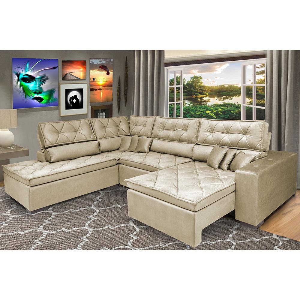 Sofa de Canto Retrátil e Reclinável com Molas Cama inBox Platinum Esquerdo 3,00x2,36 Suede Bege em Oferta na Shopee