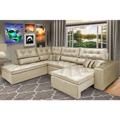Sofa de Canto Retrátil e Reclinável com Molas Cama inBox Platinum Esquerdo 3,00x2,36 Suede Bege