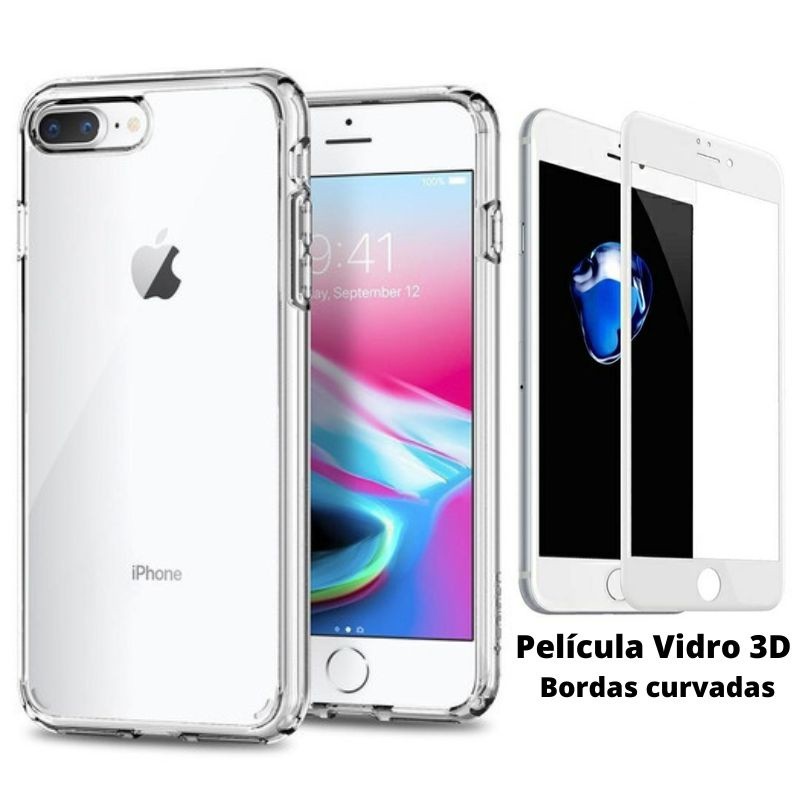 Kit 2em1 Compatível Com iPhone 7 Plus / 8 Plus - Capa Clear Space + Película de Vidro 3D Full Cover