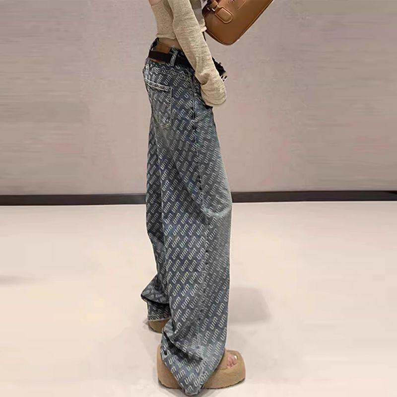 2024 Início da Primavera Novo Design Impresso Solto Emagrecimento Versátil Jeans Retos de Cintura Alta com Pernas Largas