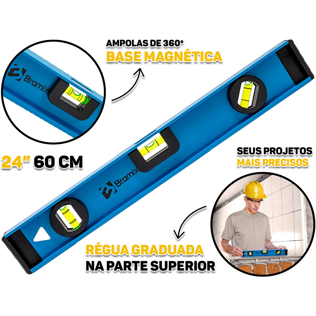 Nível De Alumínio 60cm Reforçado Com Base Magnética Três Bolhas Profissional 24 Polegadas Bramix em Oferta na Shopee