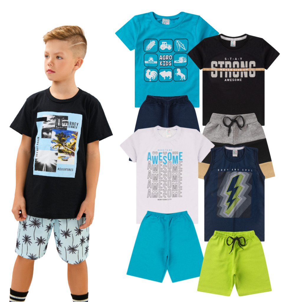 Kit 2 Conjuntos de Roupa Infantil Infantil Bermuda e Camiseta Juvenil Verão 1 ao 16 Conjunto Menino