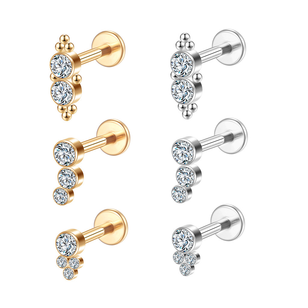 3PCS Kit Piercing Helix Tragus Conch Boca Labret Aço Cirúrgico Pvd Trio Zircônias em Oferta na Shopee