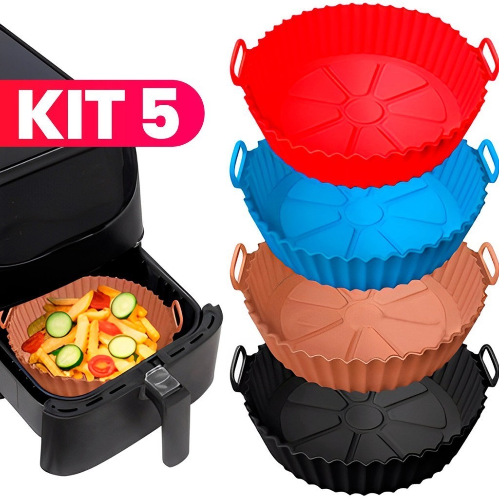 Kit 1/2/3/4/5 Peças Formas de Silicone Reutilizáveis Para Air Fryer/ Forno e Micro-ondas – Flexíveis e Antiaderentes