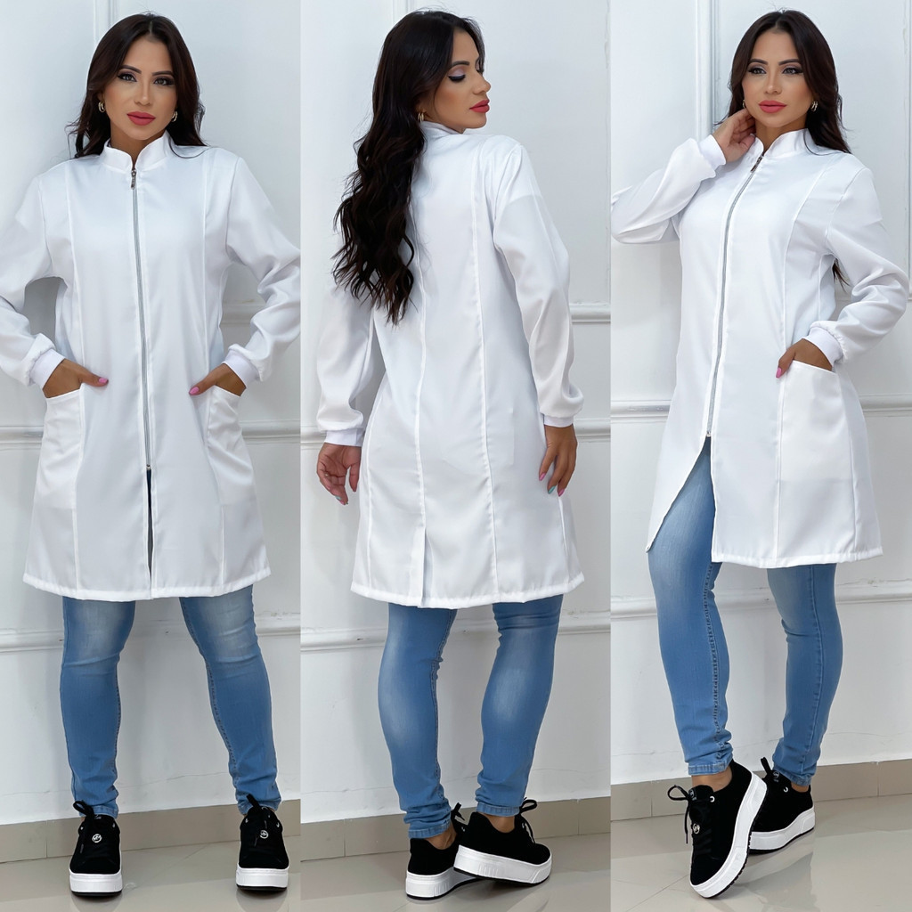 Jaleco Zíper Feminino Com Punho Manga Longa Bolso Lateral Gola Padre Caimento Acinturado Tecido Premium em Oferta na Shopee