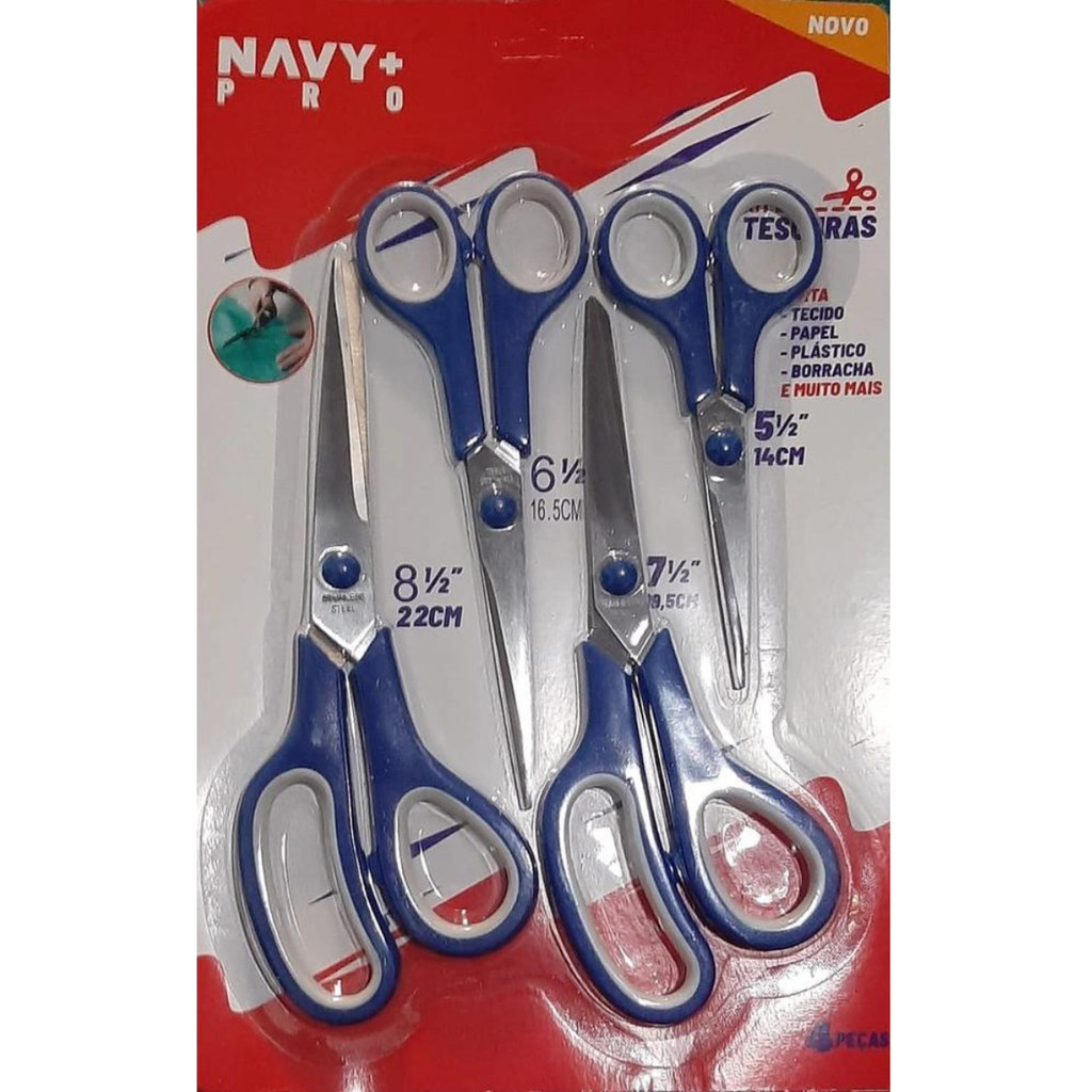 Kit 4 Tesouras Multiuso Escolar Papel Tecido Cozinha Costura Em  Aço Inox Navy em Oferta na Shopee