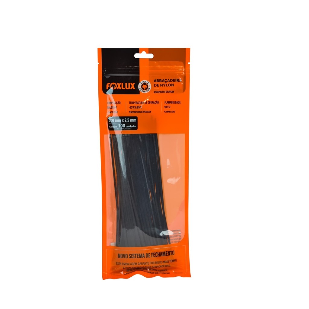 Abraçadeira de Nylon 200x2,5mm Preta Foxlux 100 Unidades para Cabos e Fios, Fixação Segura