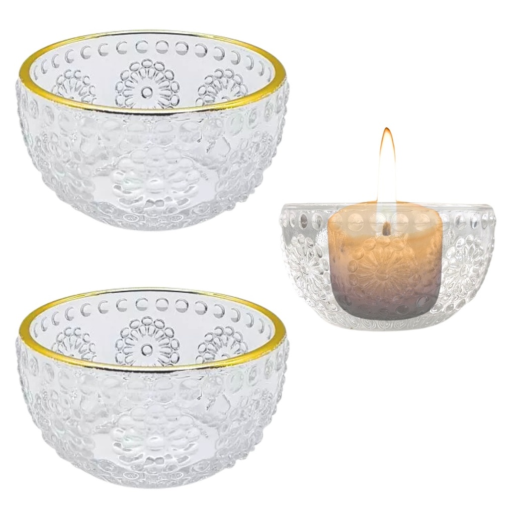 2 Portas Velas Floral Castiçal Vidro Redondo Borda Dourado