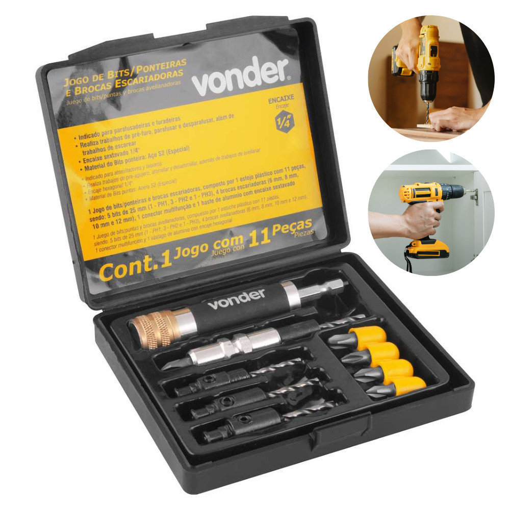 Jogo De Bits Ponteira Broca Escariadora 11 peças Encaixe 1/4” Vonder Parafusadeira Furadeira Durabilidade Resistente
