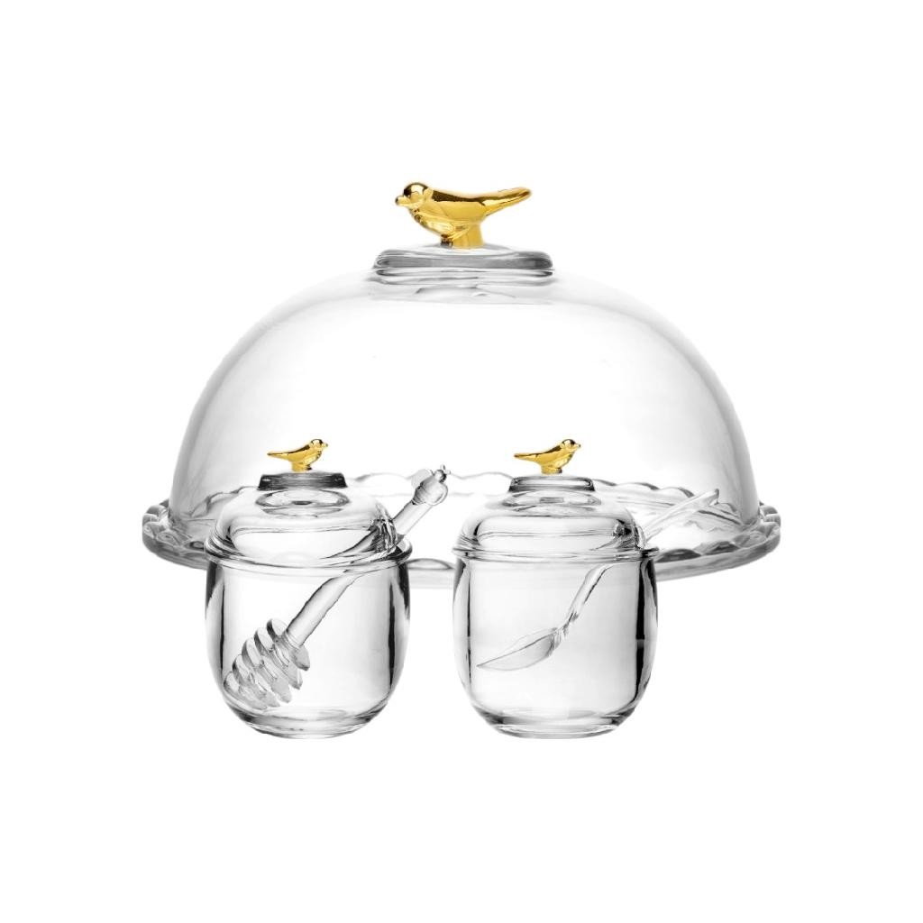 Conjunto Cristal Vidro Com Tampa Bird Gold Porta Queijo Frios Meleira Açucareiro Porta Mel Açúcar