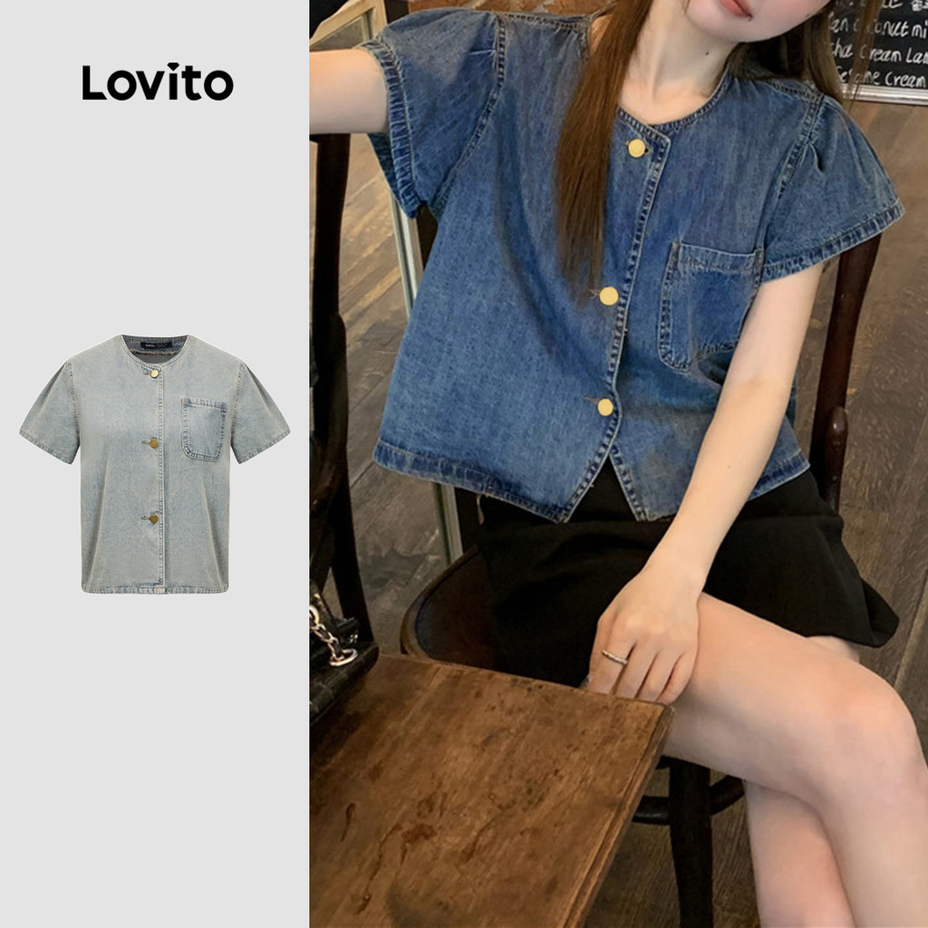 (Hot) Lovito Top Jeans Casual Verão/Primavera Com Botão Jeans Para Mulheres LNA21050 - Women Clothes