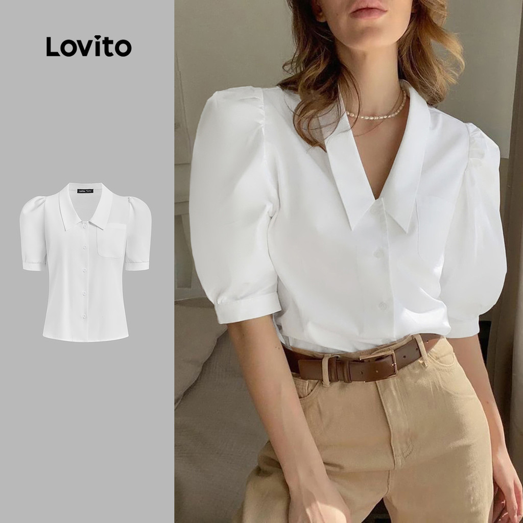 Lovito Blusa Elegante Branca Com Botões Lisos Para Mulheres LBL25304 - Women Clothes