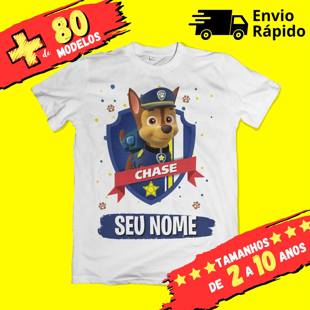 Camiseta Infantil Patrulha Canina com Nome (opcional) Chase Marshall Zuma Rocky Rider Skye Everest