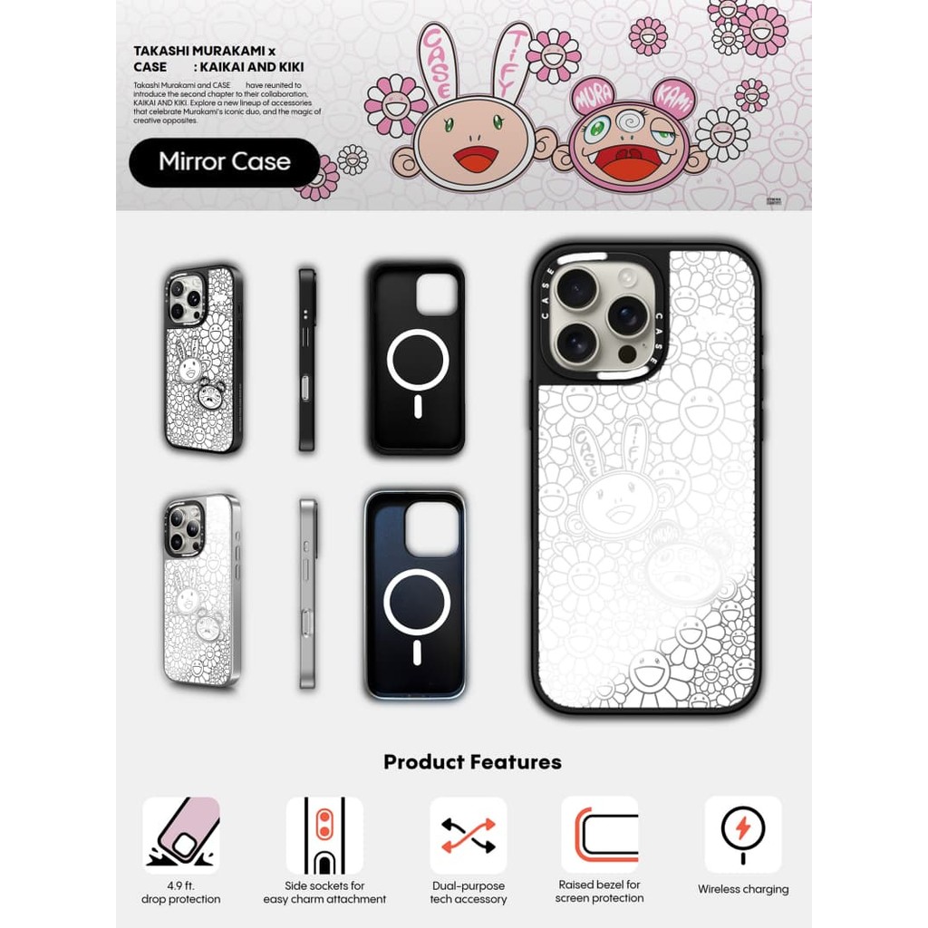 CASECASE X KAIKAI E KIKI FLOWER BLOSSOM MONO WHITE Capa De Sucção Magnética Preta Prateada Espelhada Para IPhone 16 15 1