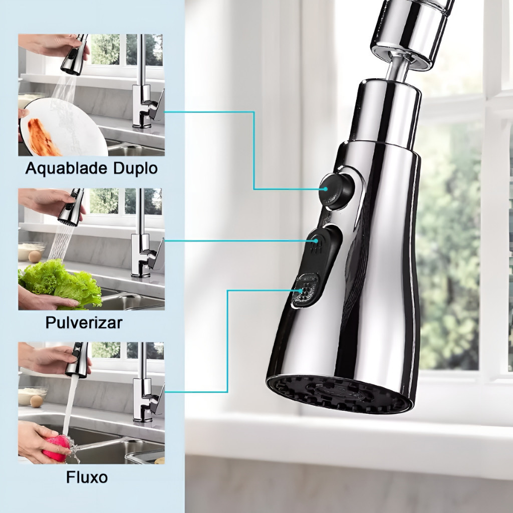 Extensor Giratório Torneira 3 Jatos Bico Aerador Gira 360° Economia Água Casa Restaurante Limpeza