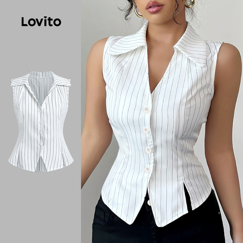 Lovito Regatas Femininas Elegantes Com Botões Superiores E Toque Suave Primavera/verão Listradas Em Branco L138ED359 em Oferta na Shopee