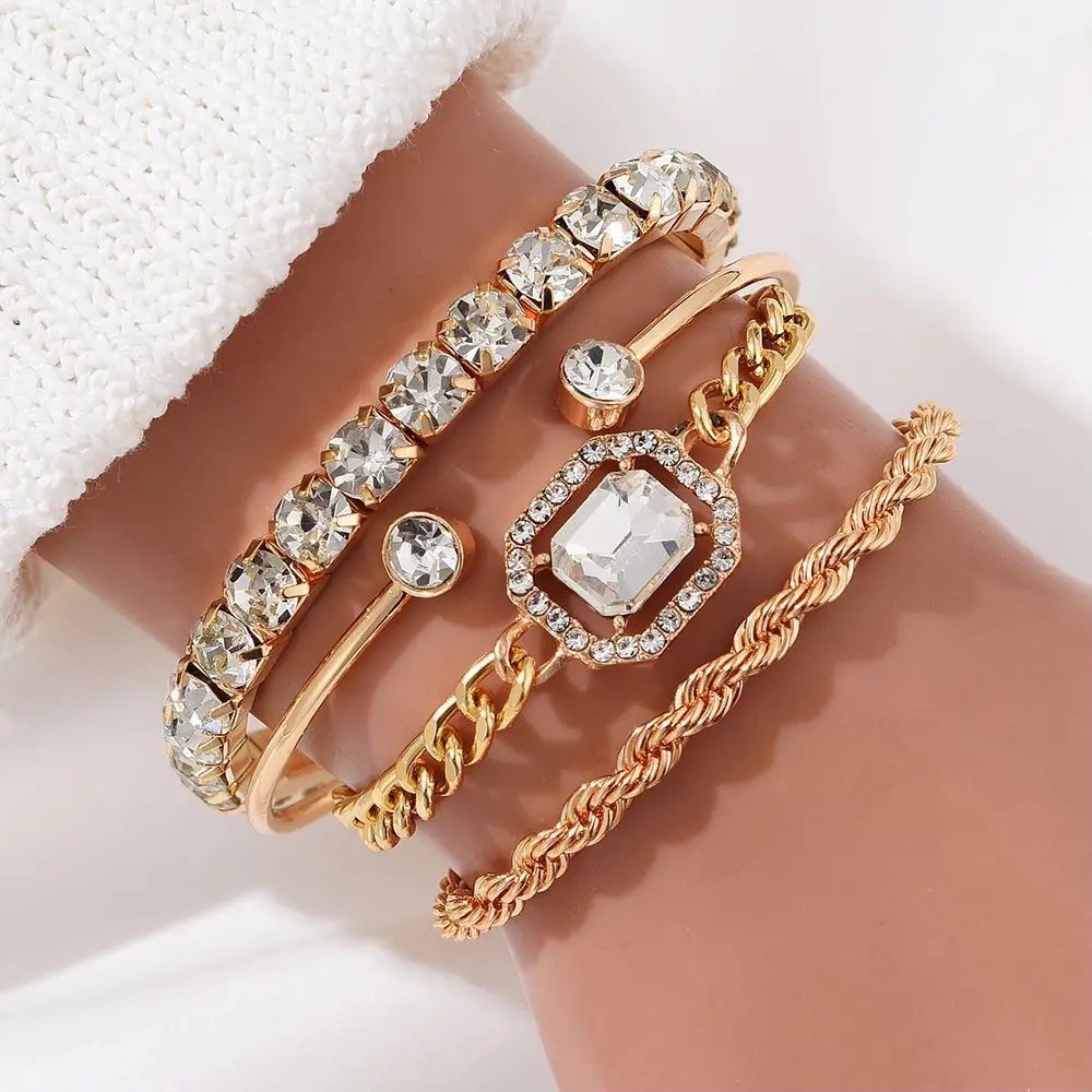 Pulseira feminina luxuosa vintage com diamantes e cristal, conjunto de 4 peças de joias femininas em Oferta na Shopee