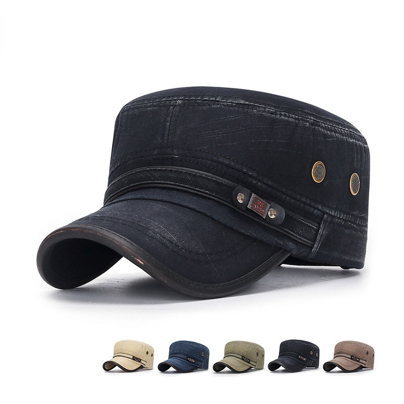 Classic Vintage Flat Top Men Washed Cap Cap Winter Warm Cotton Solid Color Sun Protection Adjustable Military Cap
