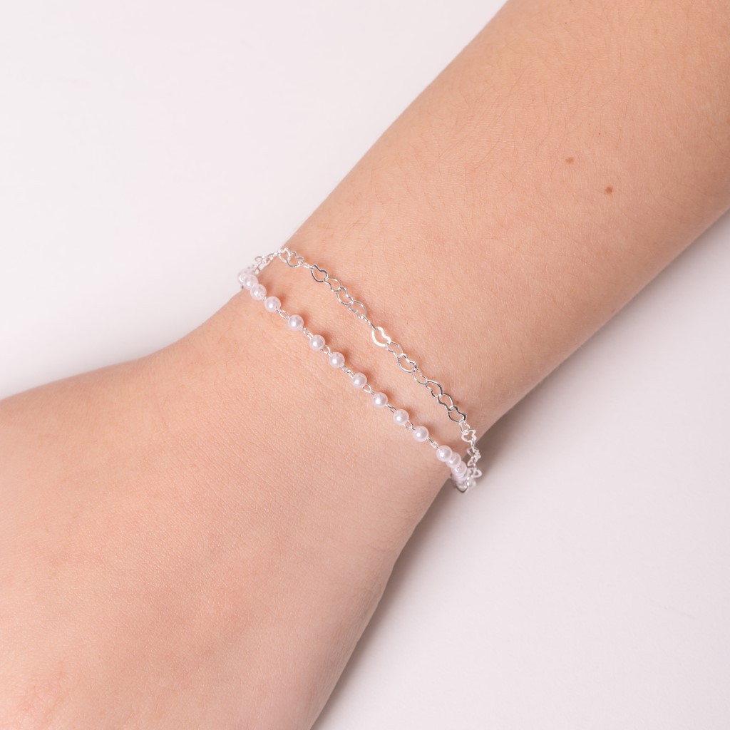 Pulseira Infantil Banho de Prata Dupla com Coração e Pérolas (13cm)