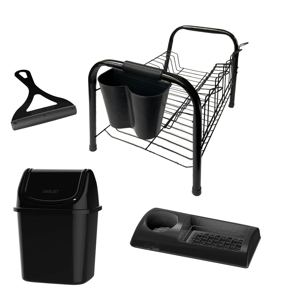 Kit Organizador de Pia: Escorredor Duplo + Lixeira 3,5L + Rodinho e Porta Detergente


