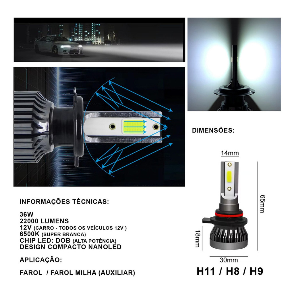 Par Lampada Farol H11 H8 H9 36w 6500k 22000lm Super Led farol farol de milha auxiliar super forte