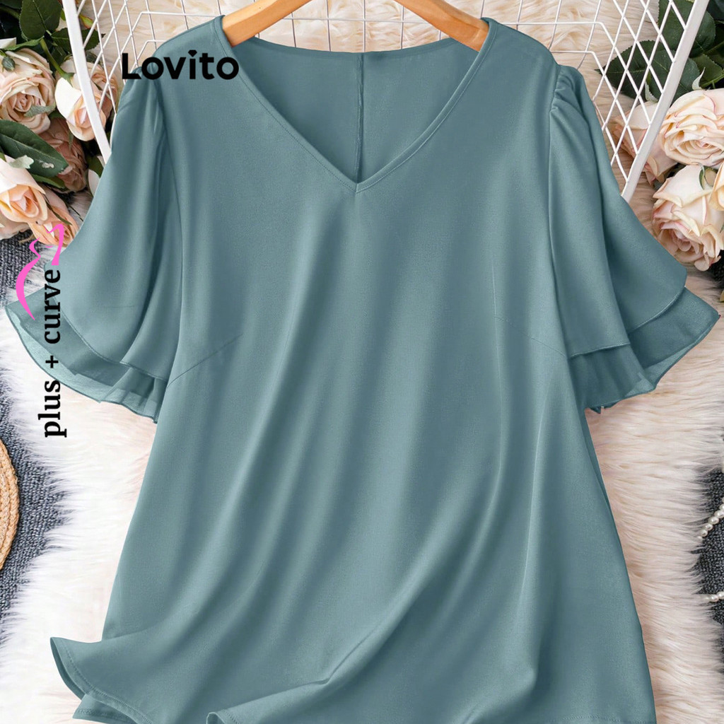 (Trendy) Lovito Blusa Curva Plus Size Casual Lisa Camada Dupla Blusa Verão/Primavera Para Mulheres LBL20323 em Oferta na Shopee