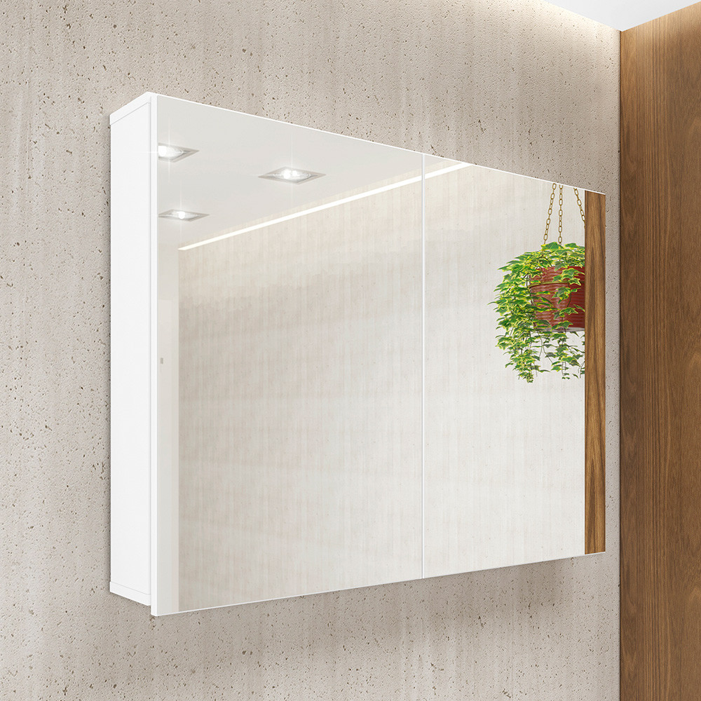 Armário Aéreo Para Banheiro 100cm Com 02 Portas E Espelho Malbec B06 Branco - Lyam Decor
