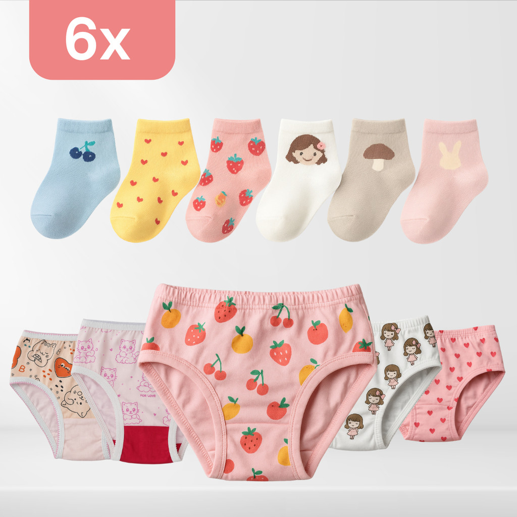 Kit 6x Calcinha Infantil Menina 100% Algodão Estampas Criança + 6 Pares de Meia Sortidas