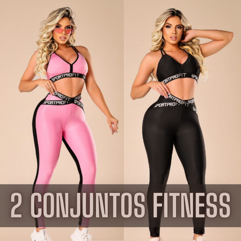 2 Conjuntos Fitness Feminino Legging e Top Com Elástico - Roupa Academia Treino