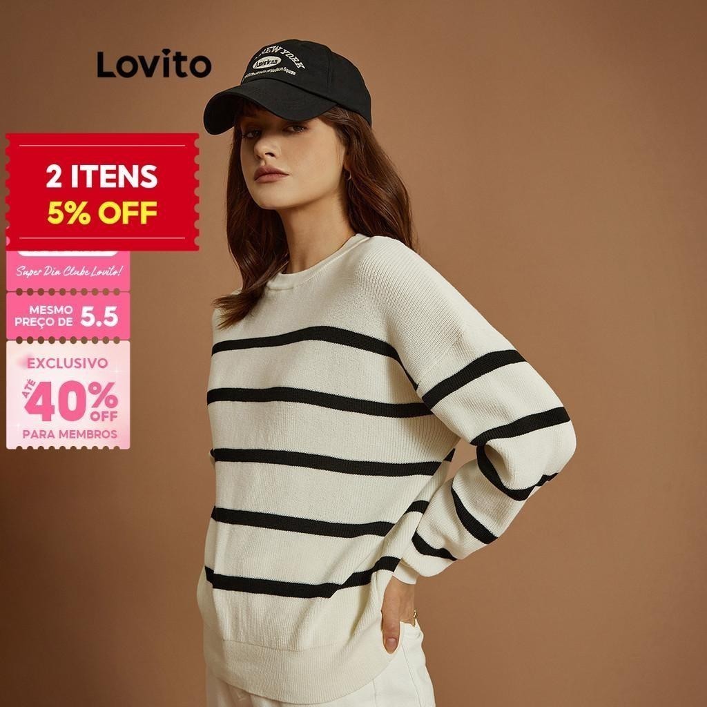 (Trendy) Lovito Suéter Casual Listrado Suéter De Manga Comprida Para Mulheres L32UD004 (Branco Off) - Women Clothes